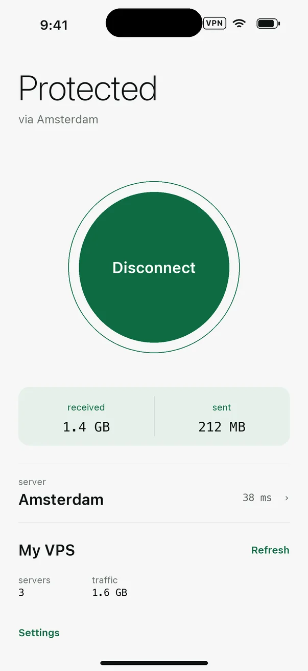 Main screen showing Protected status and a Disconnect button